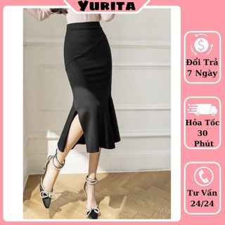 Chân Váy Đuôi Cá Công Sở Yurita Váy Dáng Dài Qua Gối Màu Đen Form Ôm Body Lưng Cao Xẻ Tà
