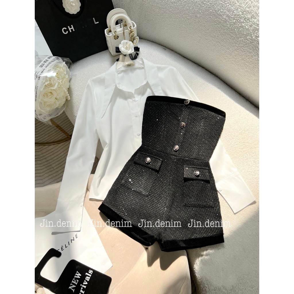 Set váy đầm yếm dạ tweed , jumsuit body suit cúp ngực, váy đầm quây phối sơ mi, jum đùi dạ tweed, yếm đùi dạ thiết ksang
