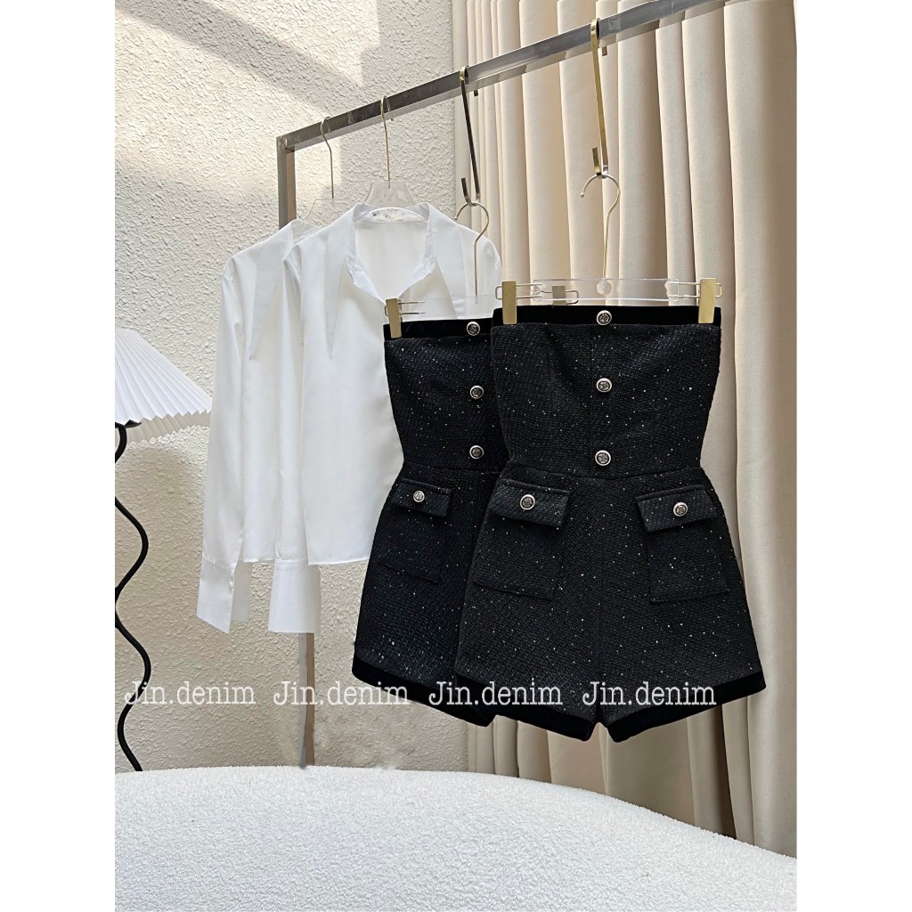 Set váy đầm yếm dạ tweed , jumsuit body suit cúp ngực, váy đầm quây phối sơ mi, jum đùi dạ tweed, yếm đùi dạ thiết ksang