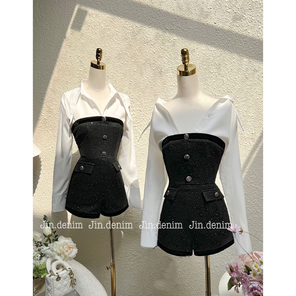 Set váy đầm yếm dạ tweed , jumsuit body suit cúp ngực, váy đầm quây phối sơ mi, jum đùi dạ tweed, yếm đùi dạ thiết ksang