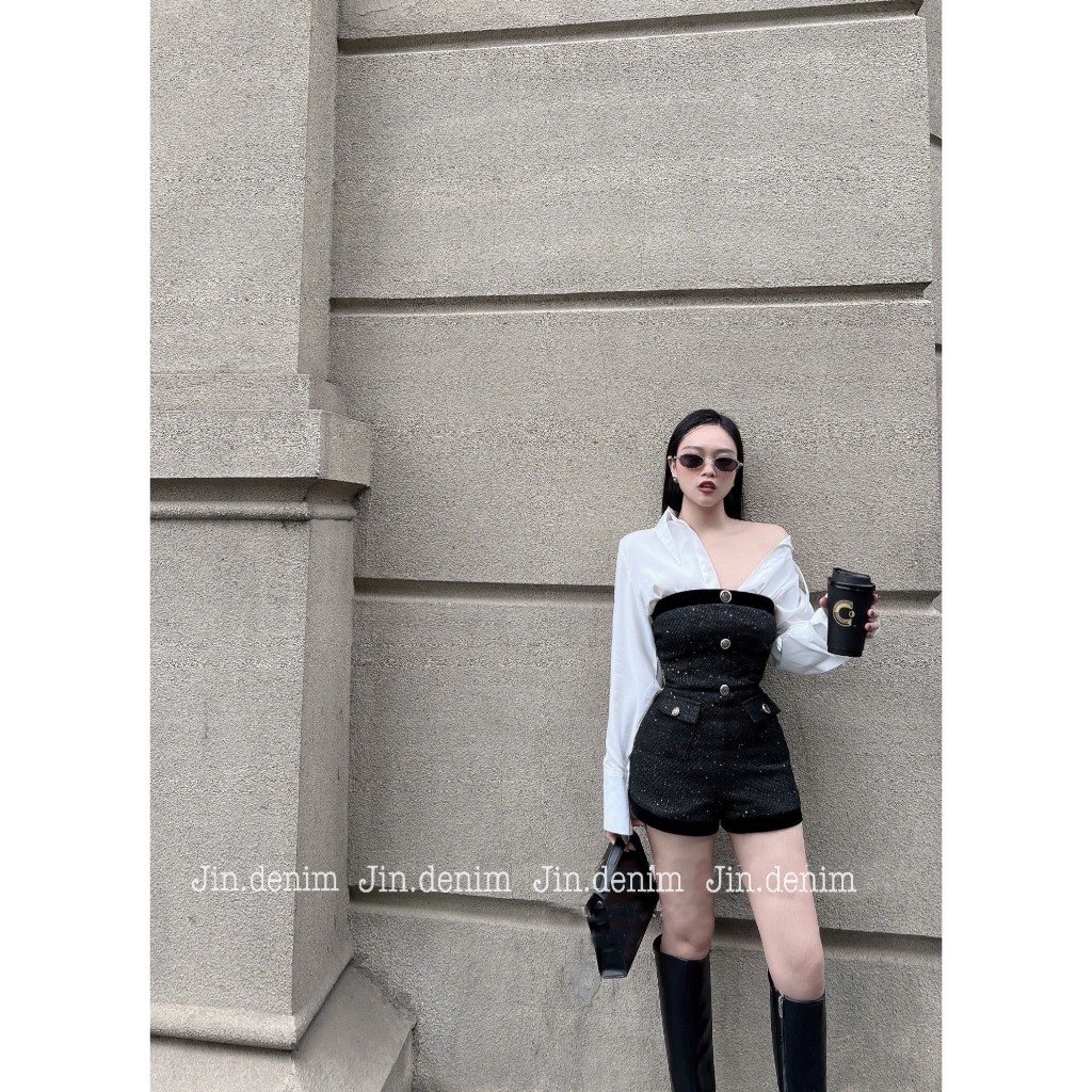 Set váy đầm yếm dạ tweed , jumsuit body suit cúp ngực, váy đầm quây phối sơ mi, jum đùi dạ tweed, yếm đùi dạ thiết ksang