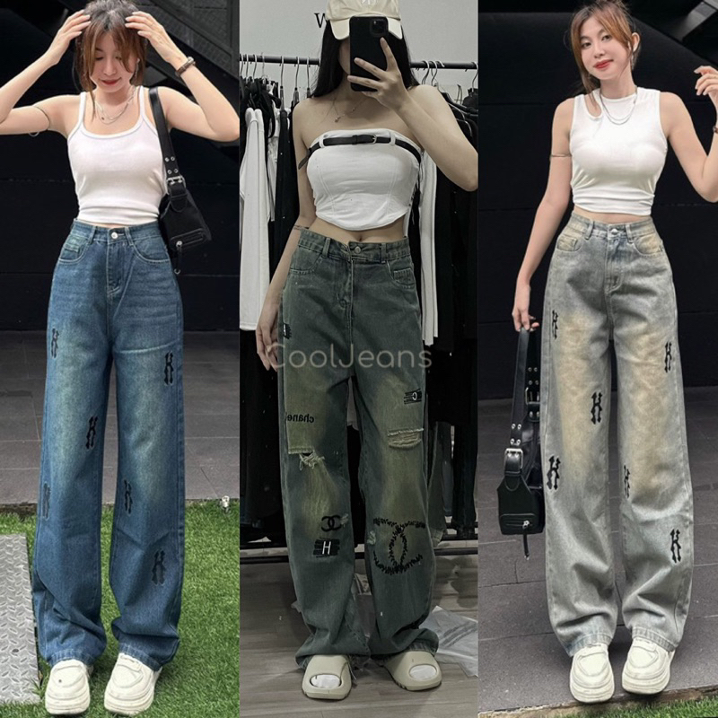 Quần bò ống rộng nữ cạp cao quần jeans ống rộng lưng cao vải bò dày đẹp dáng suông phong cách Hàn Quốc