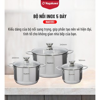 Bộ 3 nồi inox 304 cao cấp 5 lớp đáy từ nagakawa nag1351 dùng cho mọi loại bếp - hàng chính hãng