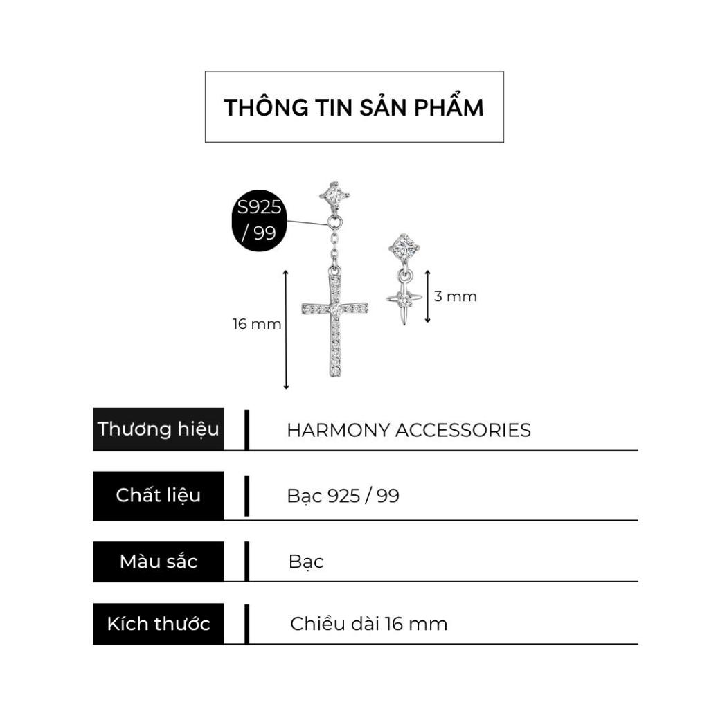 Khuyên tai nữ bạc 925 unisex mặt thánh giá chữ thập đính đá bất đối xứng | HARMONY ACCESSORIES K114