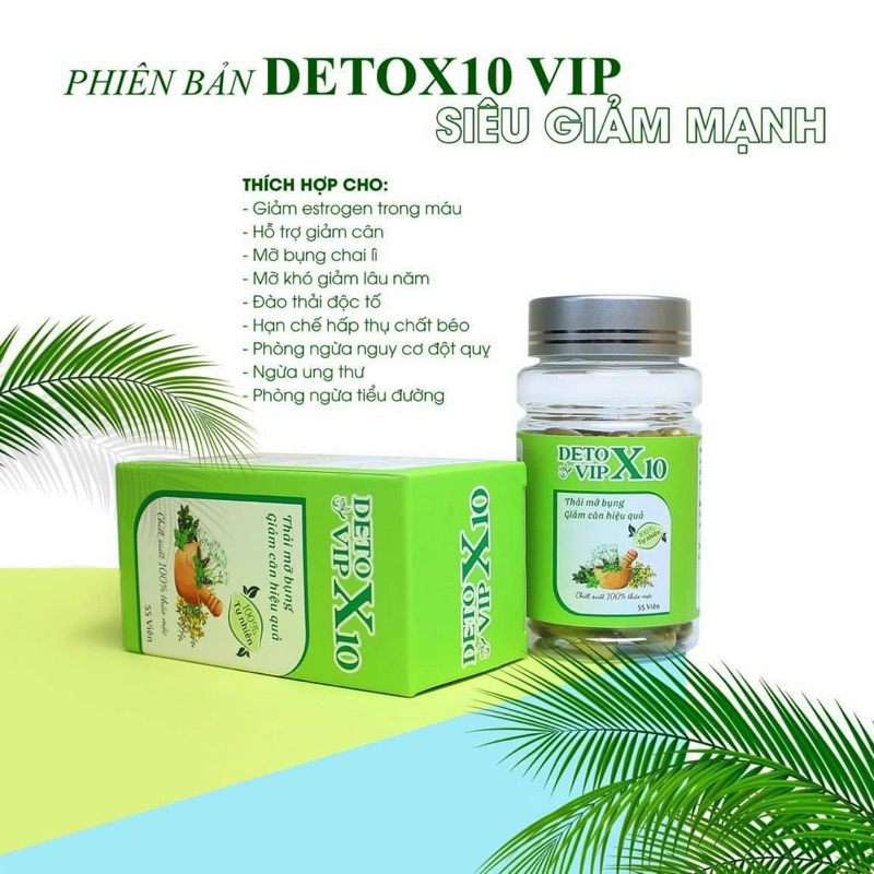 Detox Vip X10 Giảm Cân Mỡ Bụng, Đào Thải Mỡ Thừa hộp 55 viên