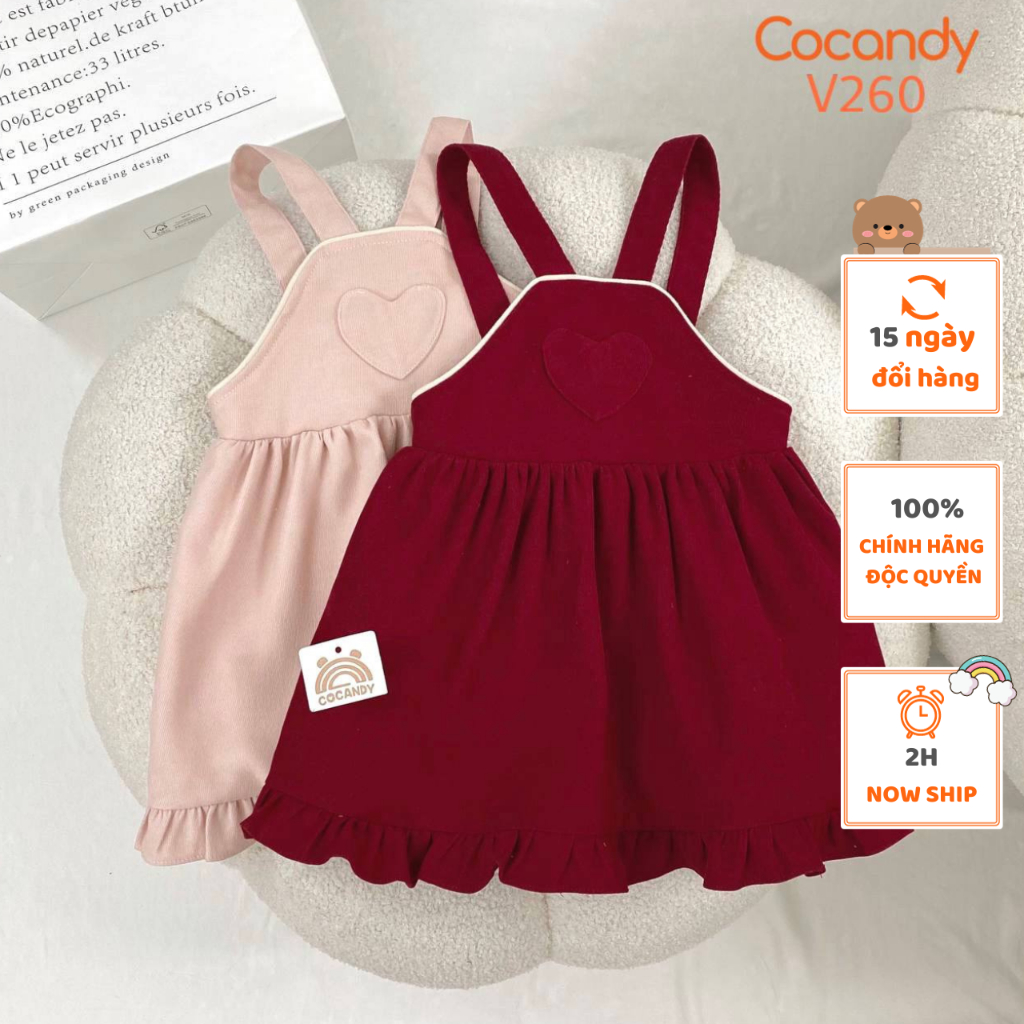 Set đồ cho bé -Váy yếm nhung HỒNG, ĐỎ ngực trái tim và Áo cộc sơ mi TRẮNG cổ sóng cho bé của COCANDY mã V2601,A2041