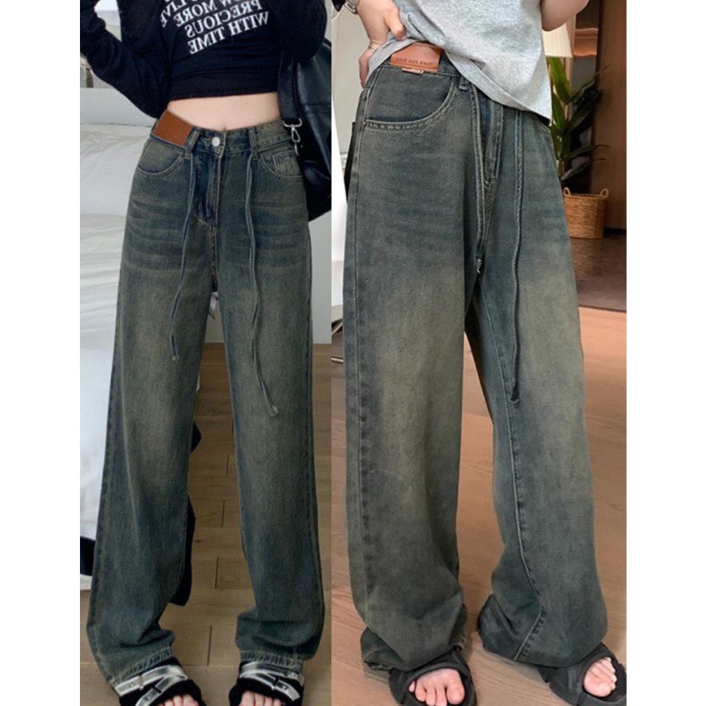 Quần jeans unisex ống suông rộng tag nâu phối dây rút eo màu retro UNIZ Quan9062/P5K9
