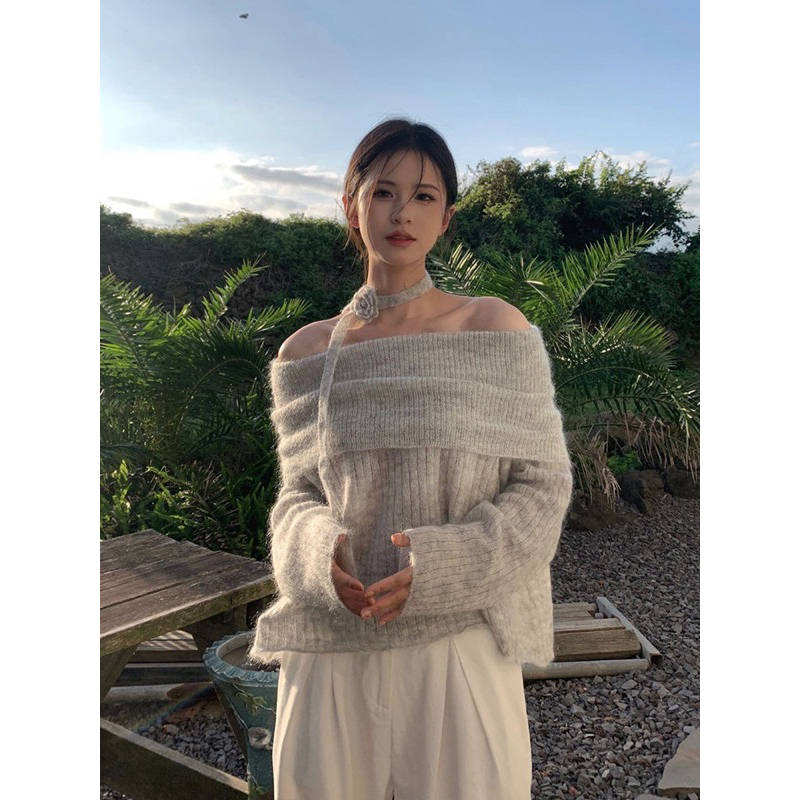 Áo len trễ vai cổ chéo tiểu thư kiểu , áo len đơn giản trơn qc loại 1