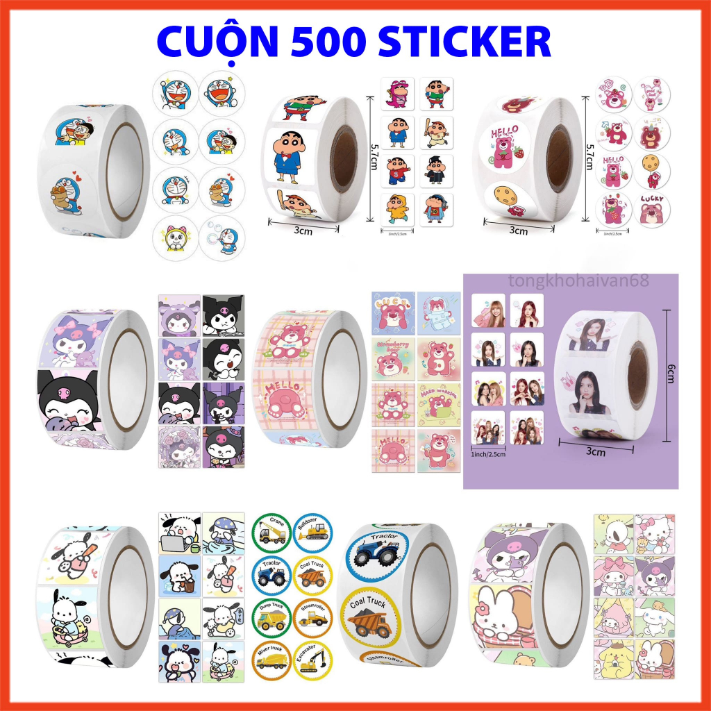 Cuộn 500 sticker khen thưởng hoạt hình cute ngộ nghĩnh, tem dán sticker thank you gói hàng thiết kế đơn giản tiện dụng