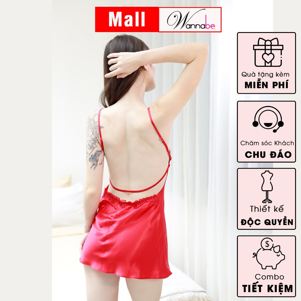 Đầm ngủ lụa WANNABE DNS51 váy ngủ xẻ ngực cut out lưng thả dây ngang tô điểm lưng trần nữ tính quyến rũ của bạn gái