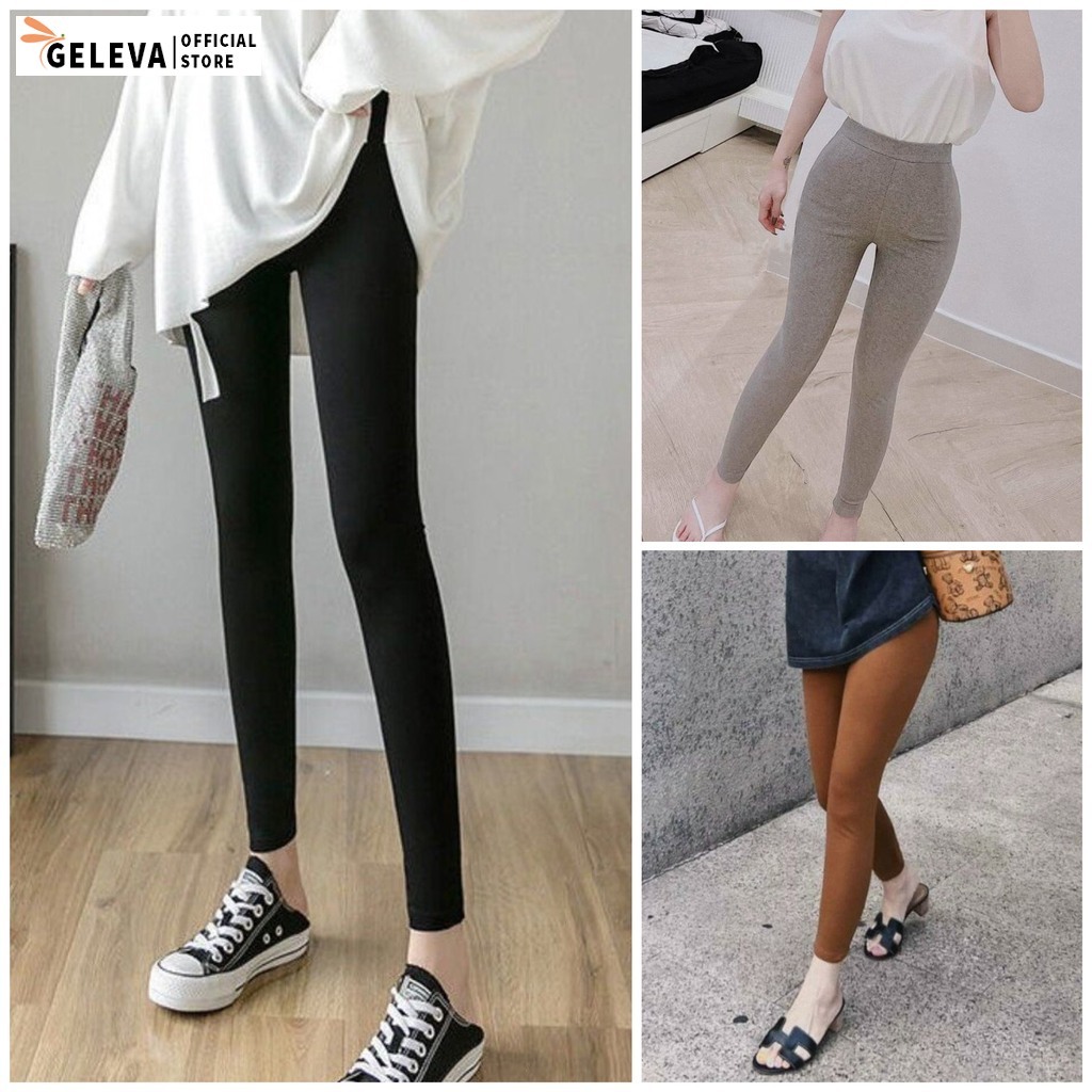 Quần legging nữ dài cạp cao có bigsize vải cotton co giãn Geleva LEG521