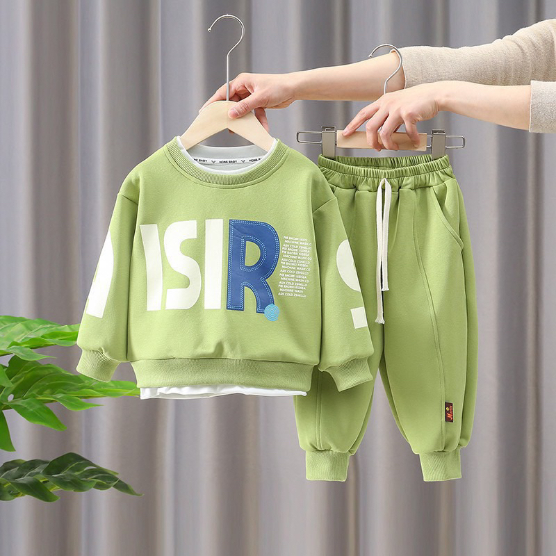 Bộ nỉ xanh in chữ viền trắng cho bé trai và bé gái