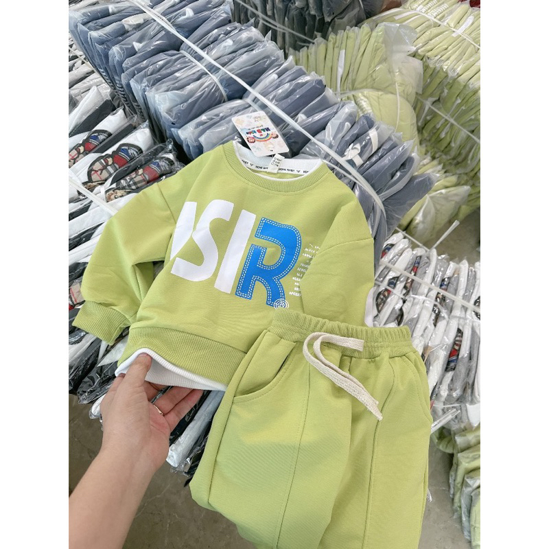 Bộ nỉ xanh in chữ viền trắng cho bé trai và bé gái