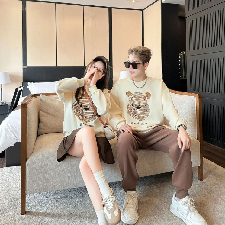 Hokiha Kids -TE473 Áo sweater gia đình chất nỉ ép 2 da dày dặn mềm mịn, áo đôi mẹ bé thu đông siêu xinh hình gấu