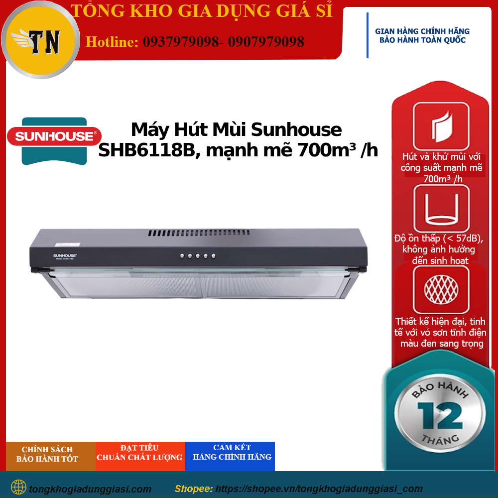 Máy Hút Mùi Sunhouse SHB6118B, công suất cao, bảo hàng 18 tháng