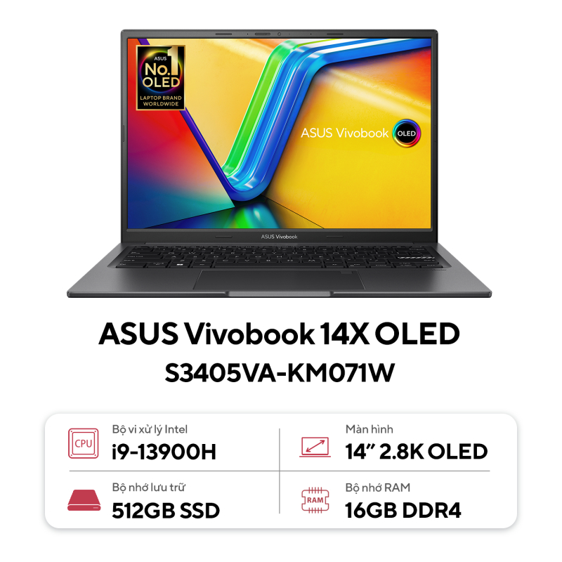 Máy tính xách tay Asus S3405VA-KM071W i9-13900H/16GB/512GB SSD/UMA/14" 2.8K OLED/ax+BT/FP/Win 11/Đen/2YW