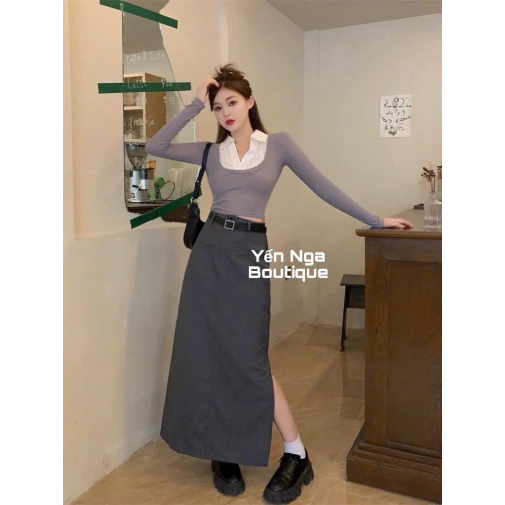 sét áo cổ bẻ, tay dài, chân váy dài xẻ tà kèm nịt siêu xinh