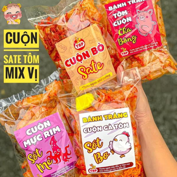 Bánh tráng cuộn sate mix vị, Cuộn tôm gà  sốt bơ, cuộn mực sốt me, cuộn bò sate gói 200gr siêu ngon - Thèm Gì cũng có