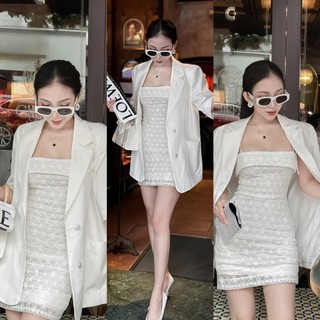 VÁY REN 2 DÂY + ÁO KHOÁC KIỂU VEST TAY NGẮN PHỐI LƯNG XẺ 131123