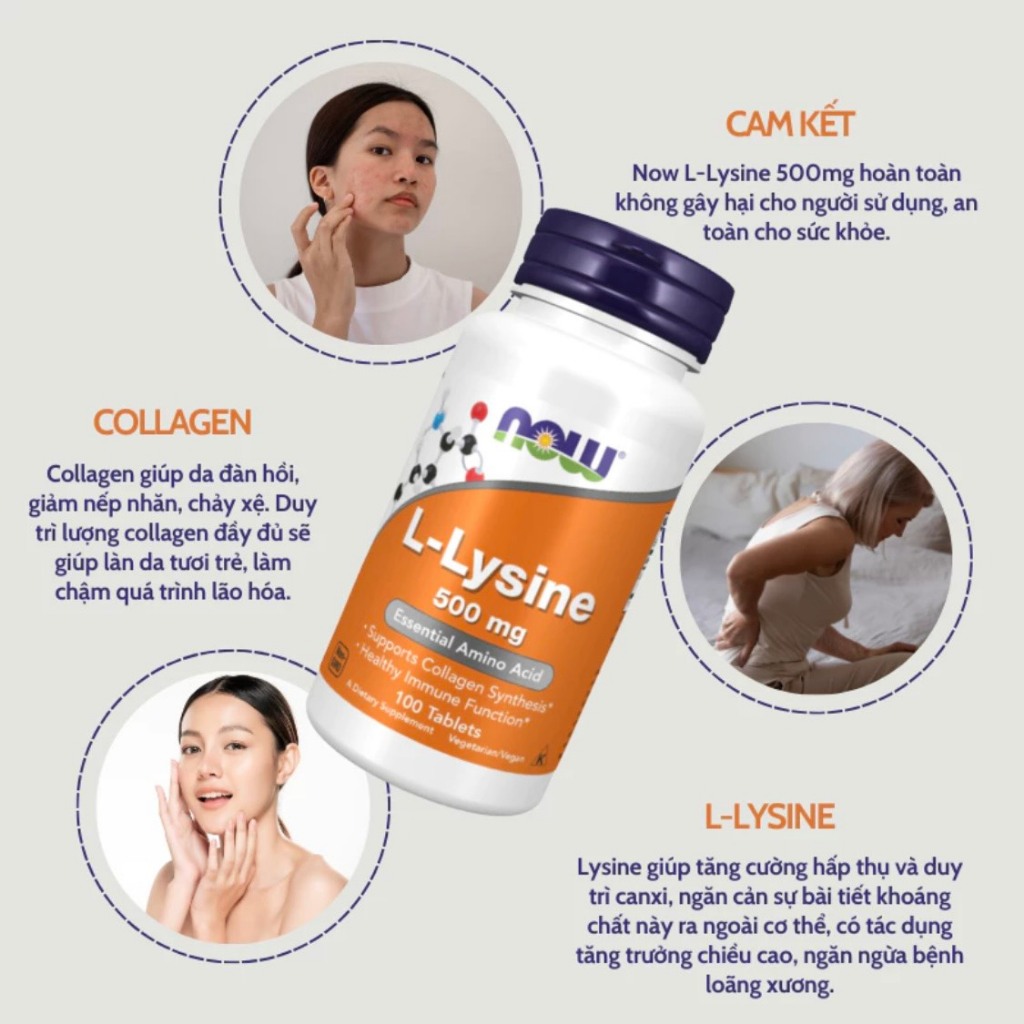 L-Lysine Now 500mg giảm mụn nội tiết, hỗ trợ miễn dịch, tăng sinh collagen
