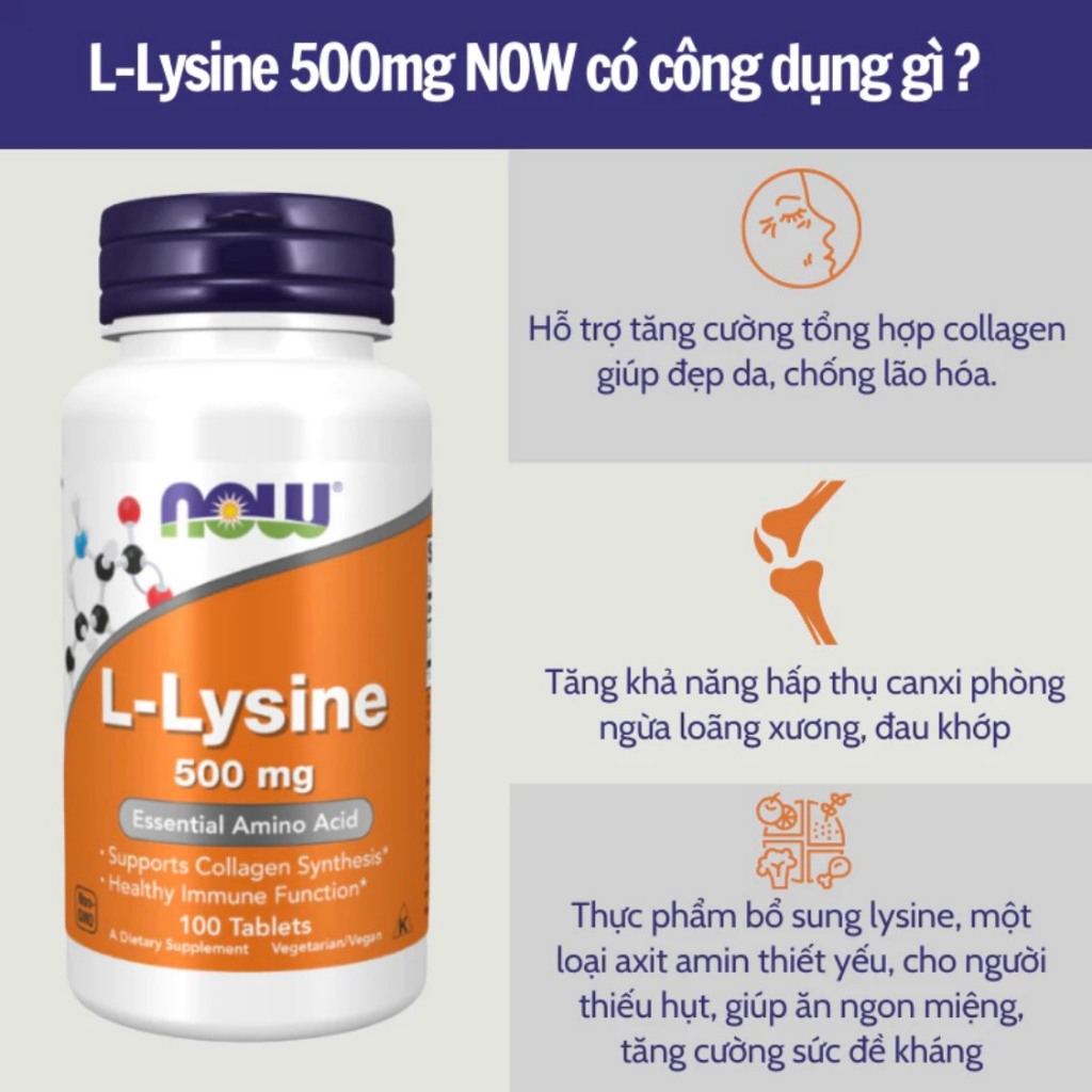 L-Lysine Now 500mg giảm mụn nội tiết, hỗ trợ miễn dịch, tăng sinh collagen