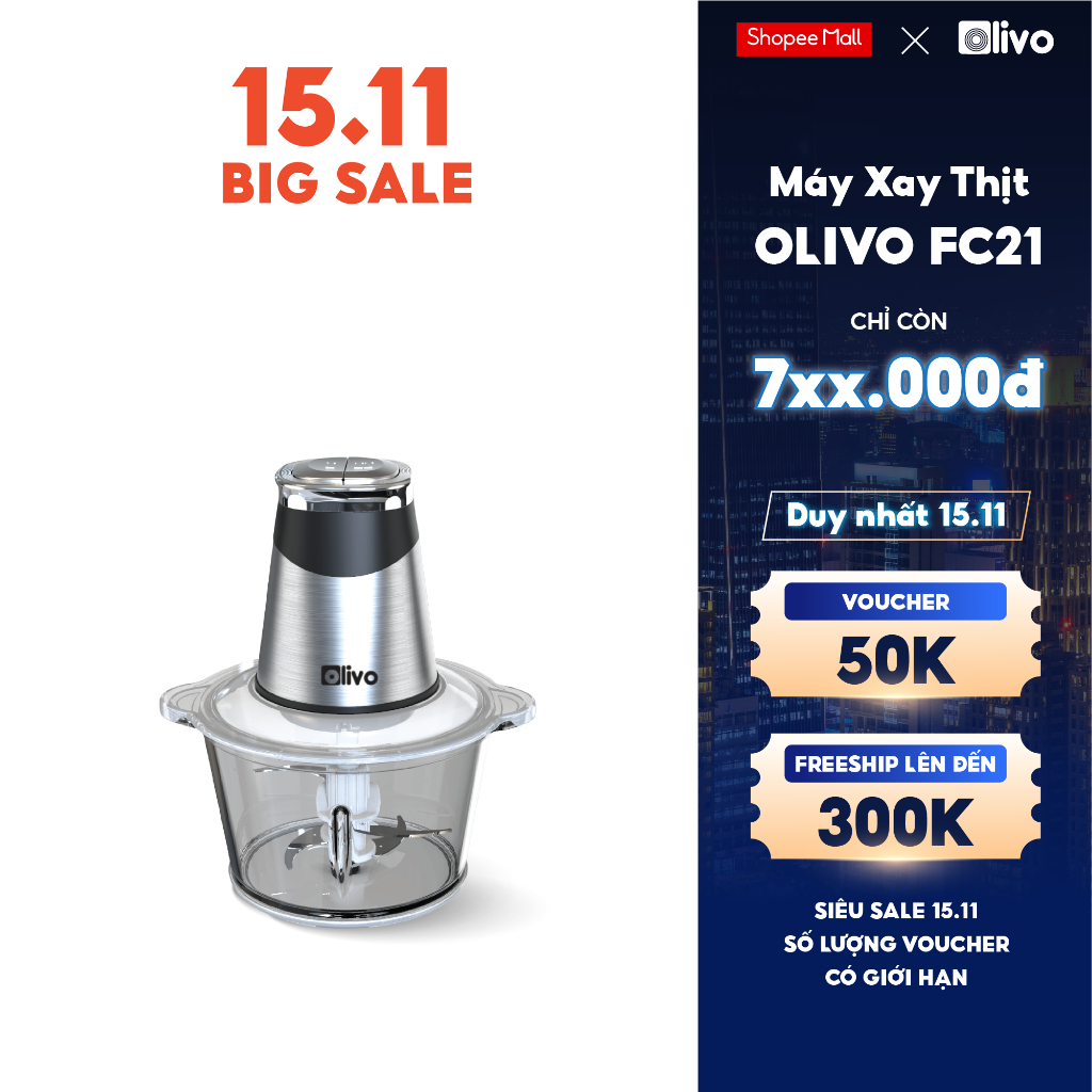 Máy Xay Thực Phẩm Đa Năng OLIVO FC21 - Dung Tích 2.1L - Công Suất 500W