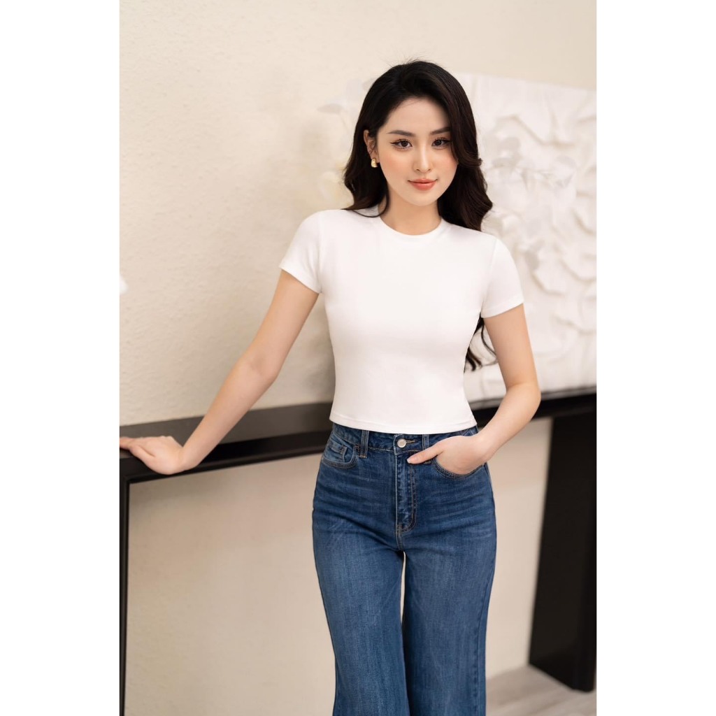 Áo Croptop Nữ Cổ Tròn Ngắn Tay Dáng Ôm Chất Liệu Cotton 100%