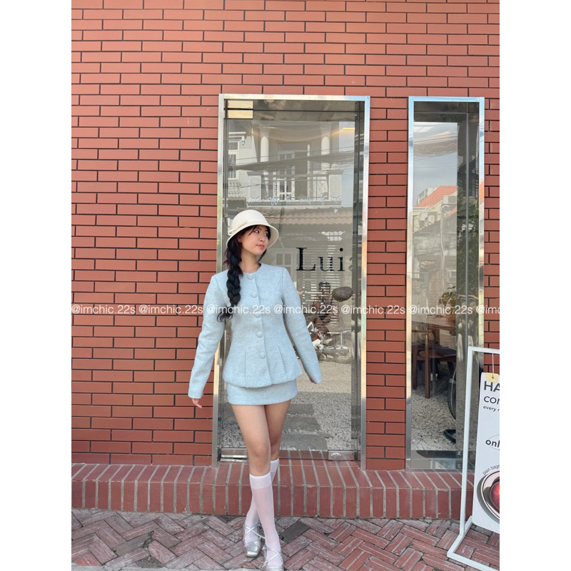 Set Dạ Màu Xanh Chiết Eo Sang Trọng Phong Cách Hàn Quốc Kèm Video Shop Quay 100%