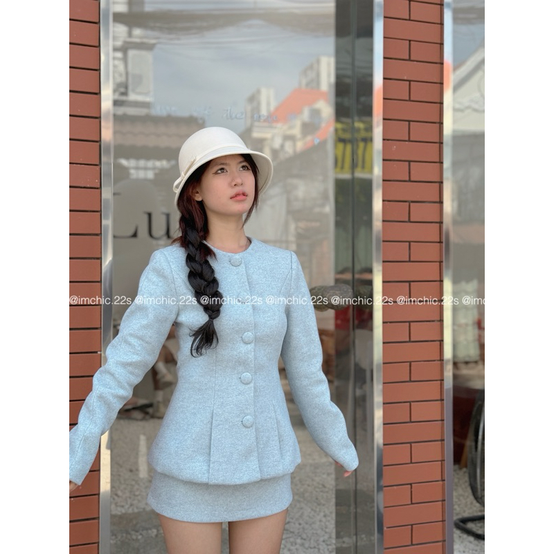 Set Dạ Màu Xanh Chiết Eo Sang Trọng Phong Cách Hàn Quốc Kèm Video Shop Quay 100%