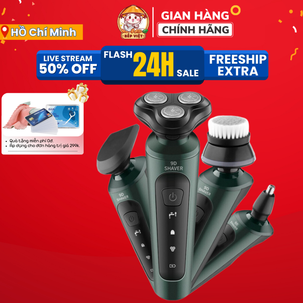 Máy Cạo Râu Nam Cầm Tay Sạc Tích Điện Shaver 9D 4in1 Kiêm Máy Tỉa Lông Mũi 3 Lưỡi Dao Cạo Kép, Công Nghệ Chống Nước IP68