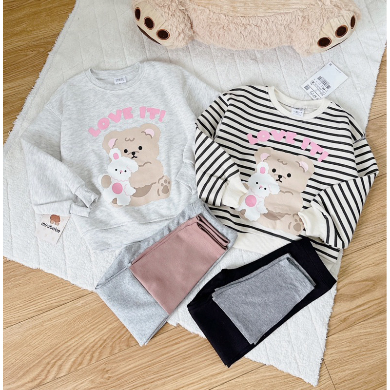 ✨MALINHKID✨BN071-Bộ nỉ GẤU LOVE IT màu xám mix legging trẻ em VNXK