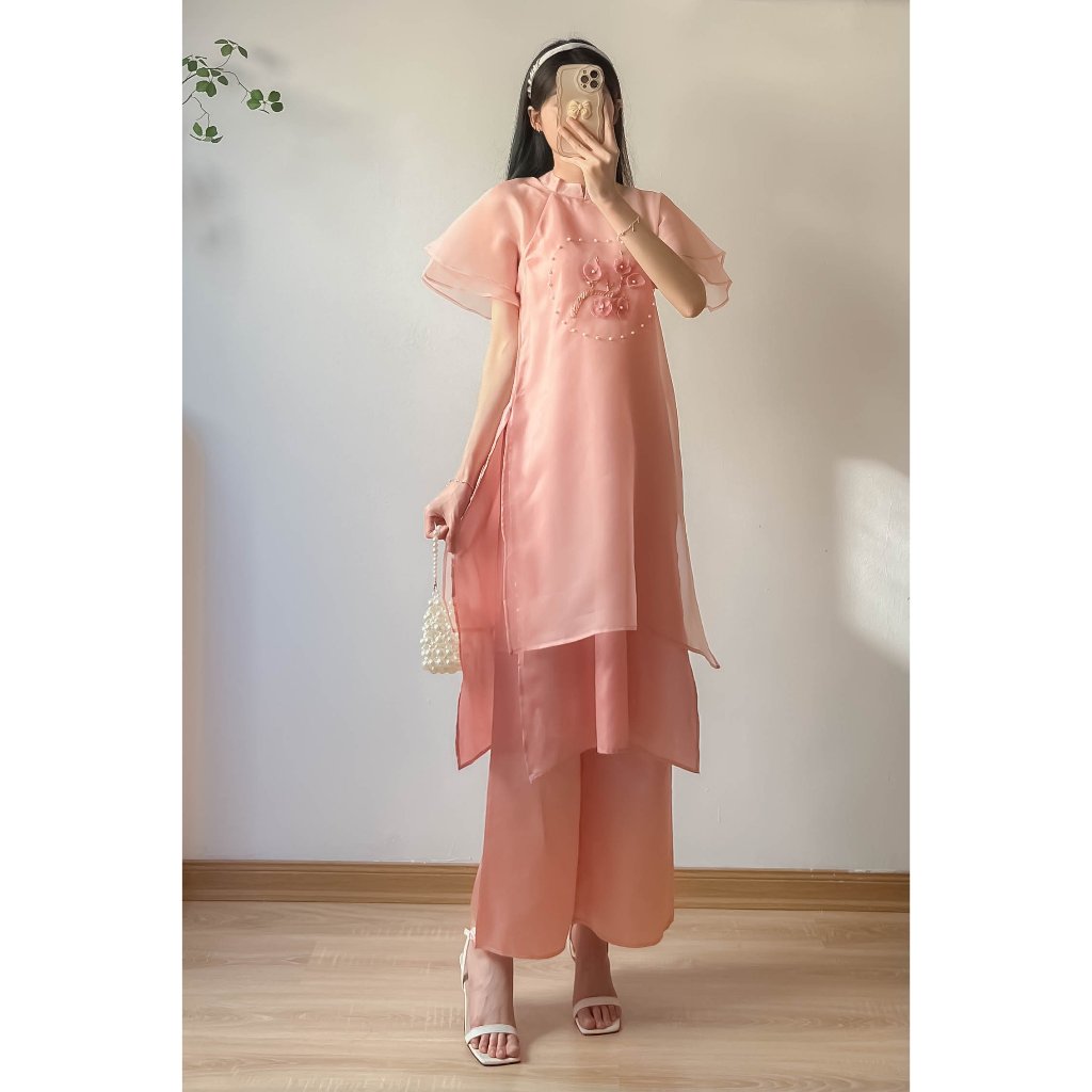 Áo dài cách tân voan tơ hai lớp đính hoa kèm quần lụa cạp chun UNIZ Aodai150/P7K1