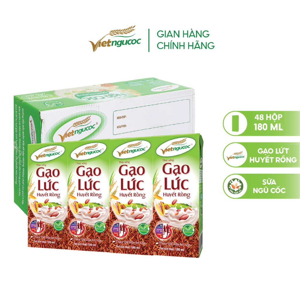 Thùng 48 Hộp Sữa Gạo Lức Huyết Rồng VIỆT NGŨ CỐC Uống Liền Bổ Sung Chất Xơ Vitamin Thanh Lọc Cơ Thể 180ml/ Hộp