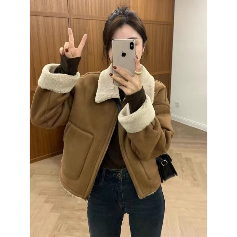 Áo khoác da lộn lót lôn cừu cổ bẻ Tuhavu Store cho nữ, Áo khoác da lộn lót lông cổ bẻ cho nữ phong c
