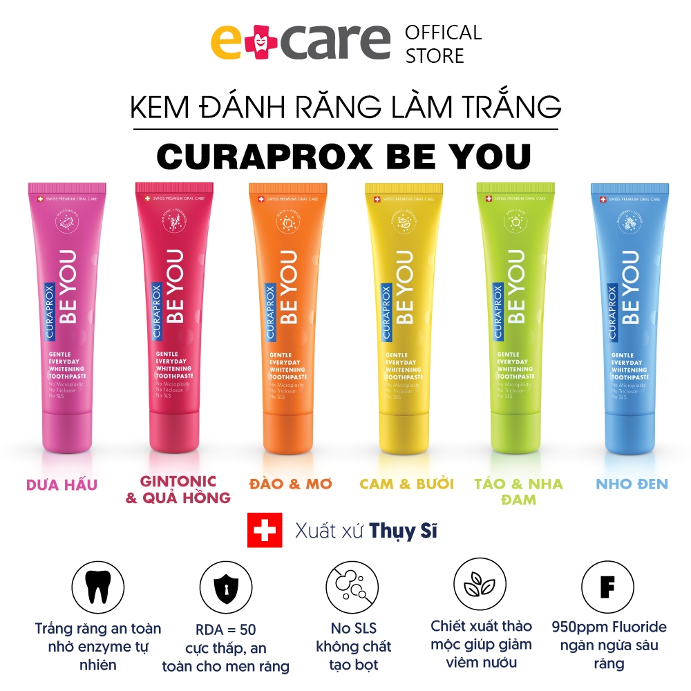 Kem đánh răng làm trắng an toàn Curaprox Be You Thụy Sĩ 60ml - 6 vị