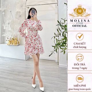 Đầm Thiết Kế Dáng Đuôi Cá Nữ Molina Tay Dài Nhún Sau Hoạ Tiết Hoa Nhí, Chất Liệu Tơ Lụa Cao Cấp