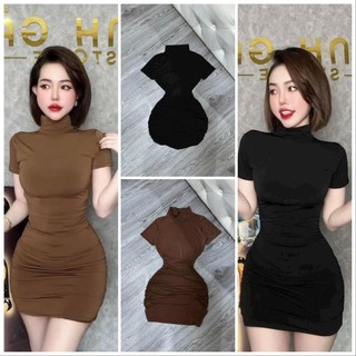 Đầm body cổ lọ tay ngắn nhún sườn