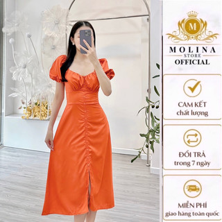 Đầm Xòe Thiết Kế Molina Cổ Chun Bẹt Vai Phối Cúc Bọc, Chất Kate Lụa Mềm Mịn