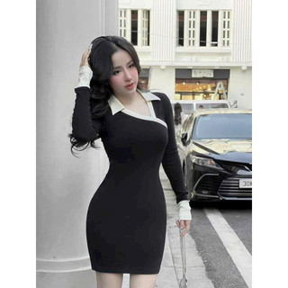Đầm body cổ trụ tay dài phối viền trắng chất liệu thun tăm lạnh