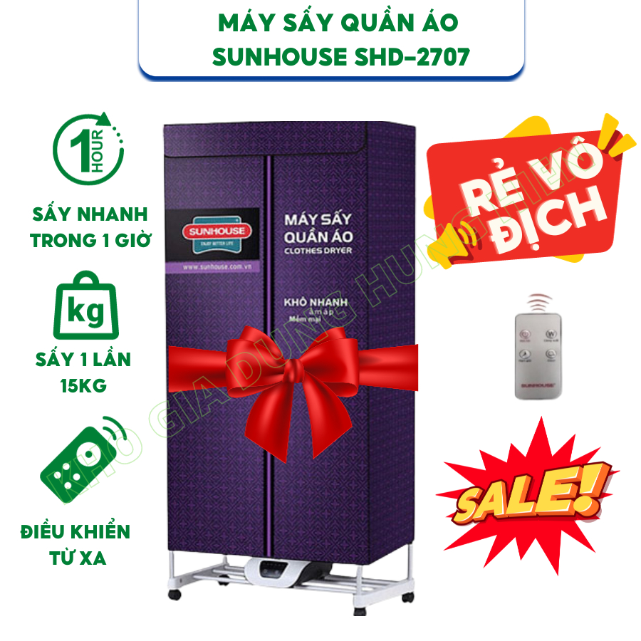  TỦ SẤY QUẦN ÁO SUNHOUSE SHD2707 CÔNG SUẤT 1500W SẤY KHÔ KHỬ KHẨN- HÀNG CHÍNH HÃNG BẢO HÀNH 12 THÁNG 