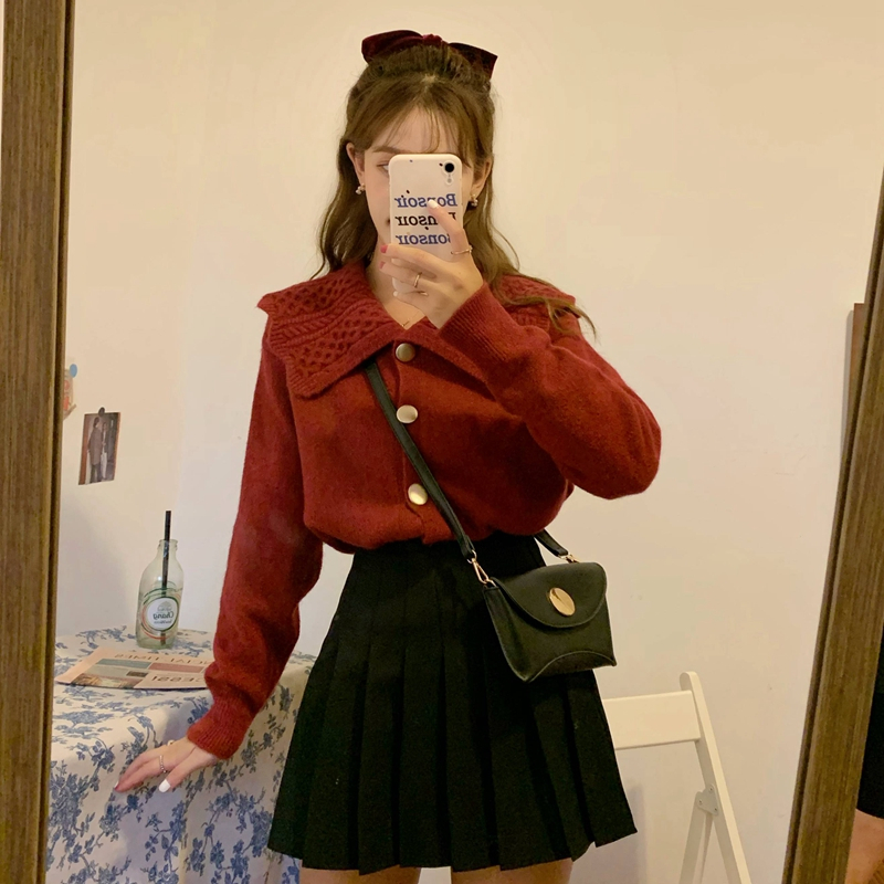Áo khoác len cardigan INFLACHI cách điệu nơ cổ màu đỏ giáng sinh noel cho nữ tiểu thư bánh bèo cổ sen Hàn Quốc M344 K-19