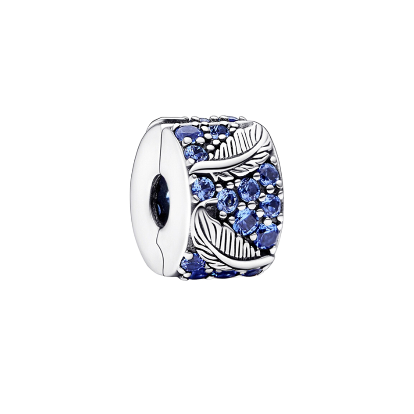 Charm chặn Pandora Curved Feather & Pavé Clip Charm chặn đá xanh 1211 - Chuẩn Bạc S925