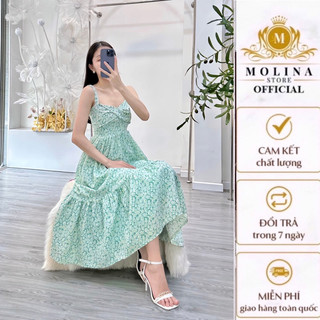 Đầm Maxi Hoa Nhí Molina Thiết Kế Hai Dây Bèo Tầng Nhún Ngực Chất Lụa Xốp Mềm Mịn Nữ Tính Điệu Đà, Phù Hợp Đi Biển