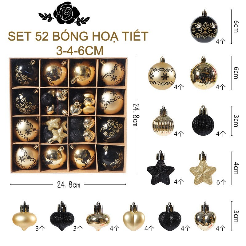 Set 6, 52 bóng, quả châu trang trí cây thông Noel, Giáng Sinh, tiệc cưới/ sinh nhật, Quả châu treo cây thông Noel