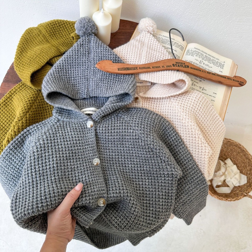 Áo len bé trai hãng MYMYAN Áo khoác len cardigan trẻ em mùa đông có mũ 2-8 tuổi