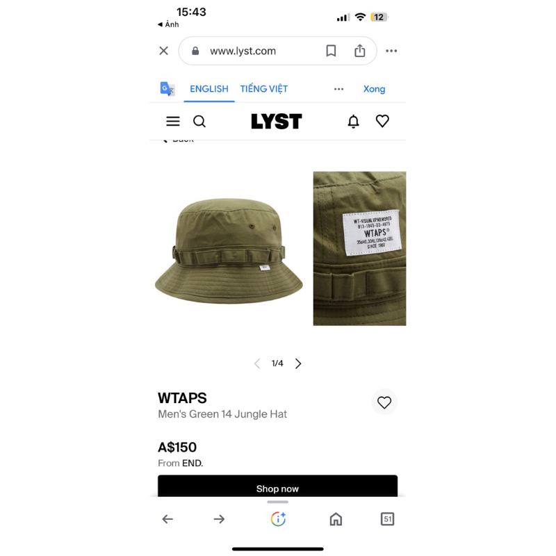 Nón vải Bucket WTAPS Men's Green 14 Jungle Hat chính hãng