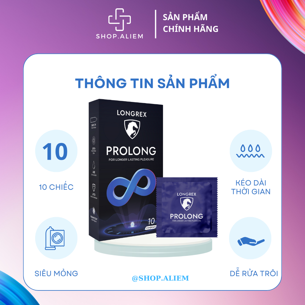 Bao cao su kéo dài thời gian bcs Longrex Prolong siêu mỏng , nhiều gel bôi trơn hộp 10c