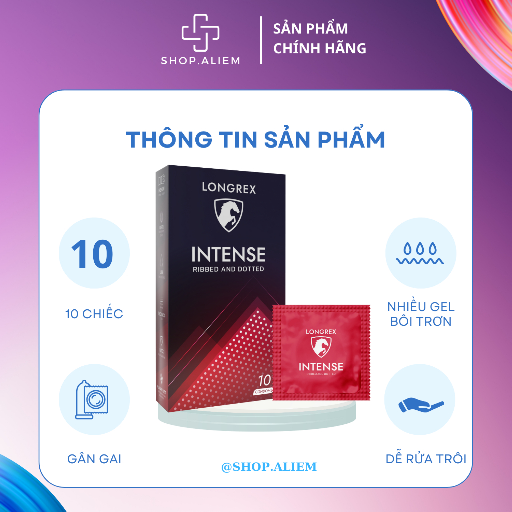 Bao cao su gai Longrex Intense nhiều gân gai, siêu mỏng nhiều gel bôi trơn tăng cảm giác Hộp 10 chiếc
