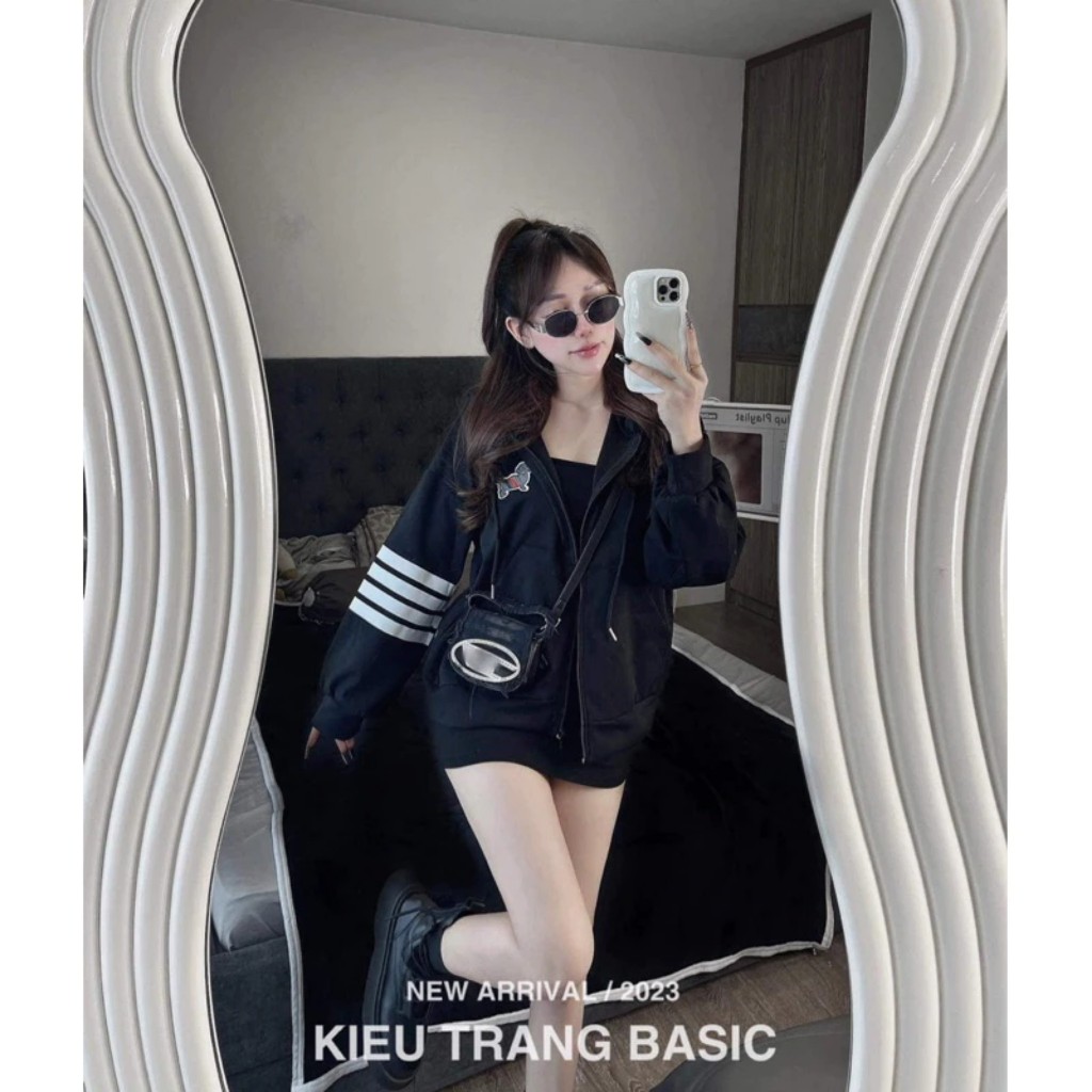 Áo Khoác Nữ, Áo Khoác Nỉ Thome Hình Con Chó Phối Tay Vạch Kèm Mũ 2 Lớp Dày Dặn