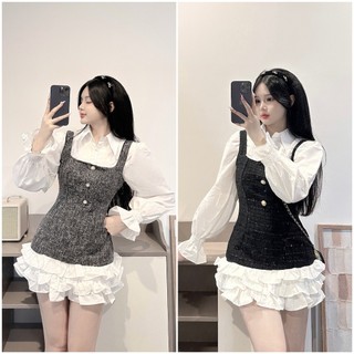 Set dạ tweed phối sơ mi tay bo chun kèm yếm dạ bèo tầng